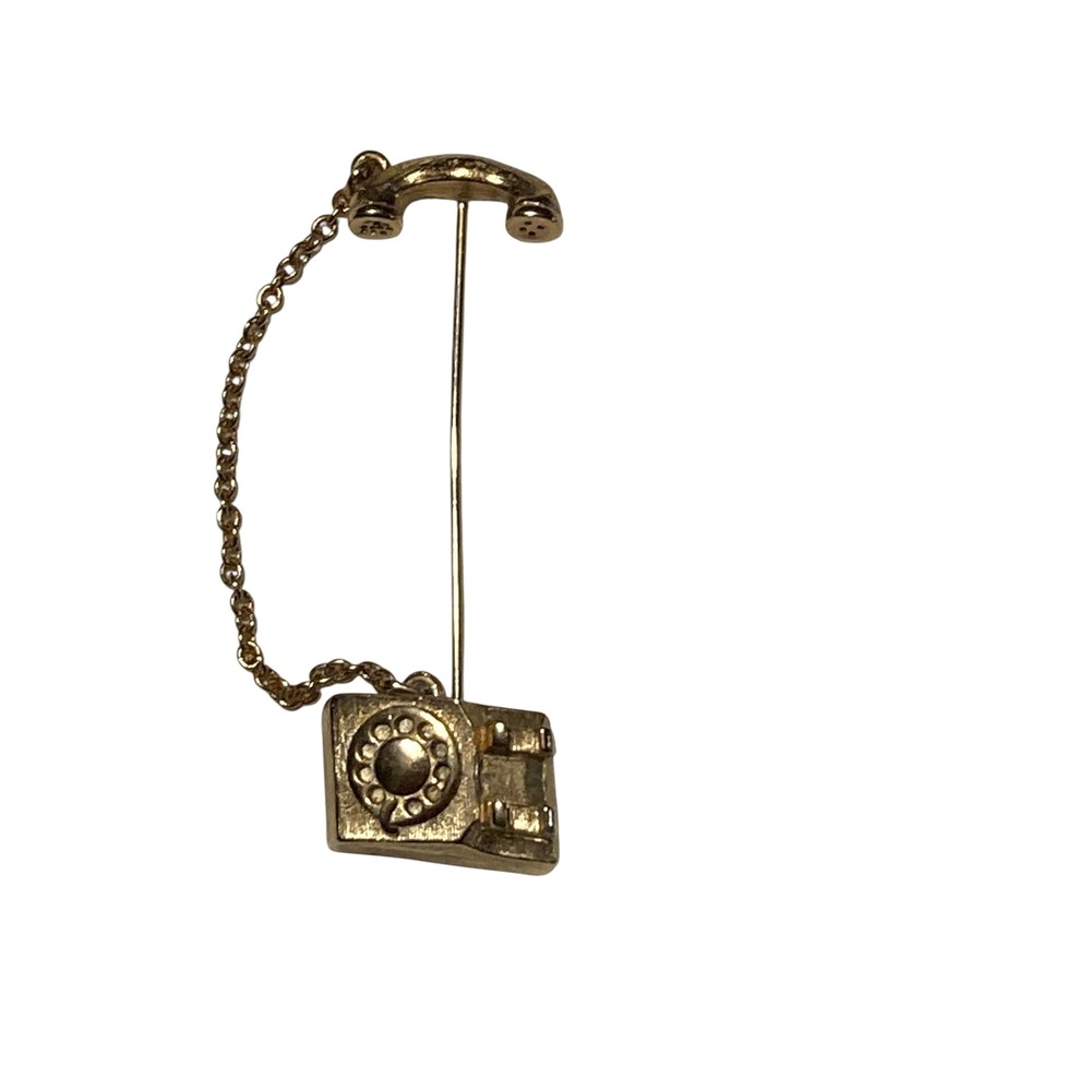 Vintage Avon Gold Tone Rotary Telephone Stick Pin Novelty Jewelry Handset Chain